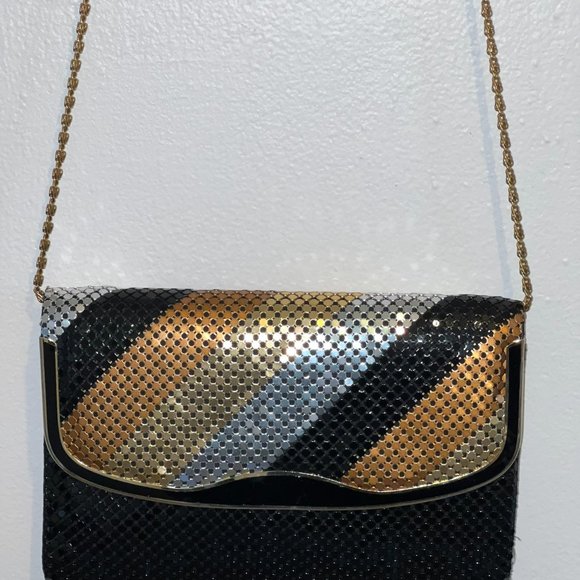 Vintage Black Silver Gold Link Mesh Evening Purse Clutch Crossbody Retro 80s - Picture 9 of 10